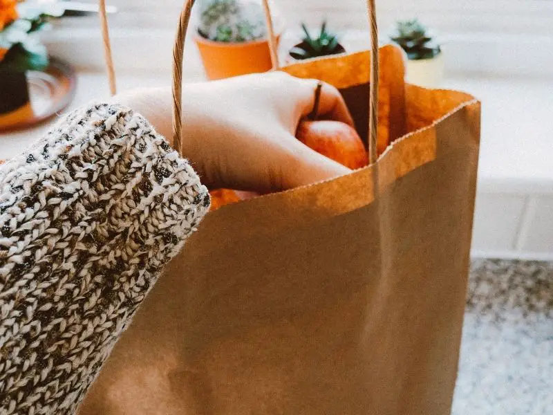 hand reaching into a paper bag of groceries