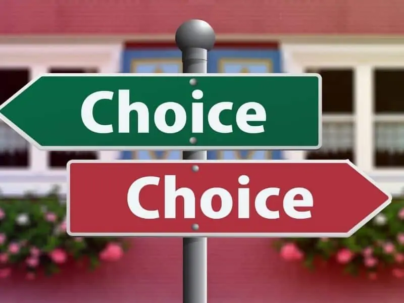 a red a green sign with "choice" written on each